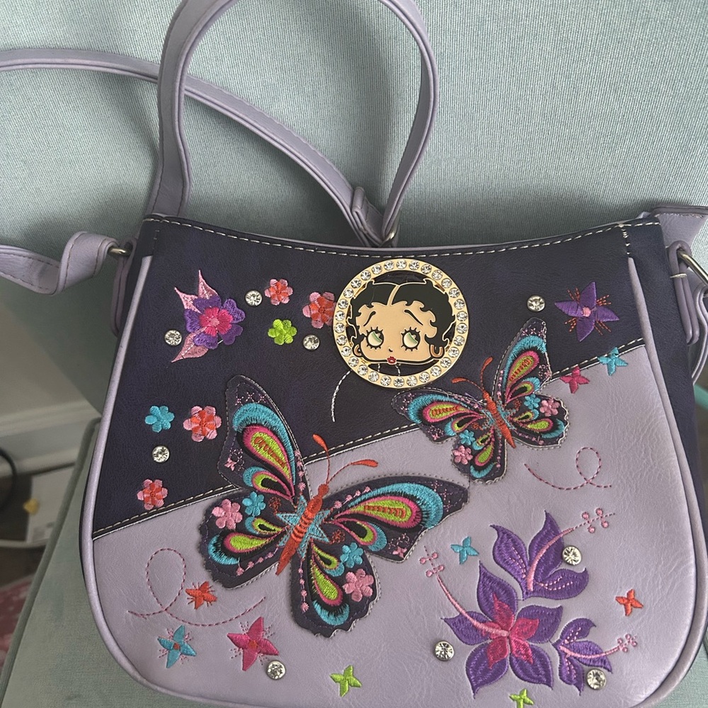 Betty Boop Lavender Butterfly Embroidered Shoulder Bag & Butterfly Necklace